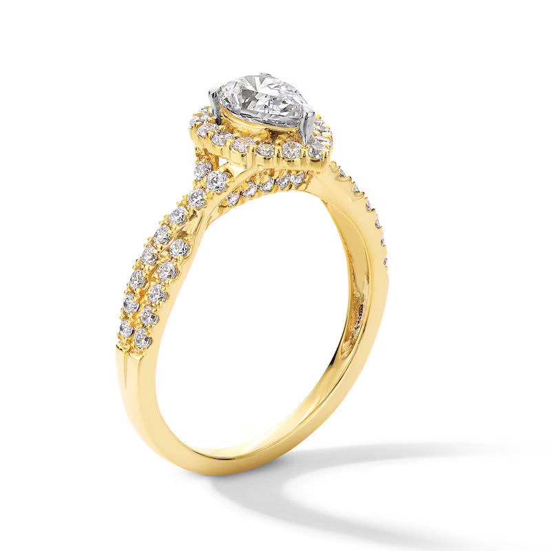 1 CT. T.W. Pear-Shaped Certified Lab-Grown Diamond Frame Crossover Shank Engagement Ring in 14K Gold (FSI2)