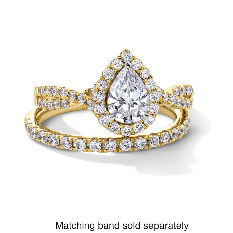 1 CT. T.W. Pear-Shaped Certified Lab-Grown Diamond Frame Crossover Shank Engagement Ring in 14K Gold (FSI2)