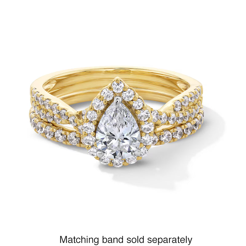 1 CT. T.W. Pear-Shaped Certified Lab-Grown Diamond Frame Crossover Shank Engagement Ring in 14K Gold (FSI2)