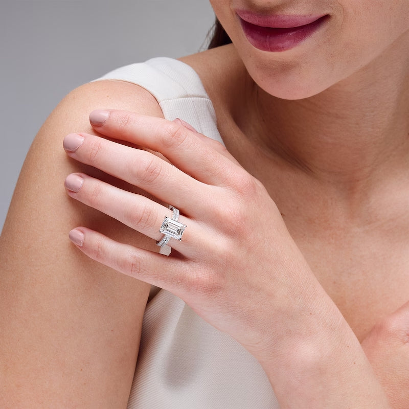 5-5/8 CT. T.W. Emerald-Cut Certified Lab-Grown Diamond Bridal Set in 14K Gold (F/VS2)